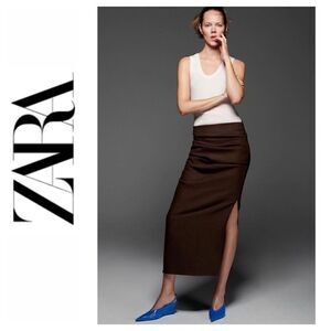 NWT Zara Limited Edition Linen Blend Draped High Waist Midaxi Skirt in Brown